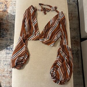Boohoo Brown Striped Wrap Blouse